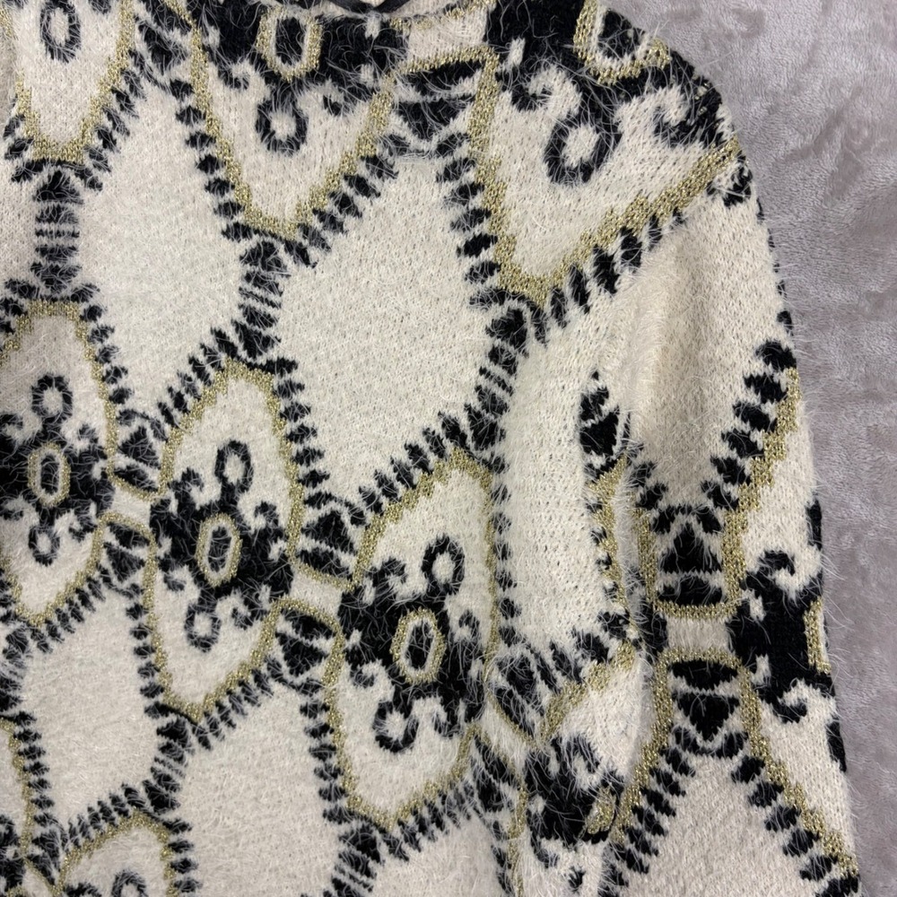 Alberto Makali XL Fuzzy Metallic Geometric Diamond Knit Cardigan Cream Statement - Picture 13 of 13